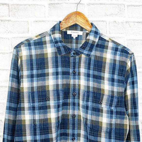 FRAME Denim Men's Flannel Shirt Blue Plaid cotton 2 pocket Medium - Picture 4 of 6